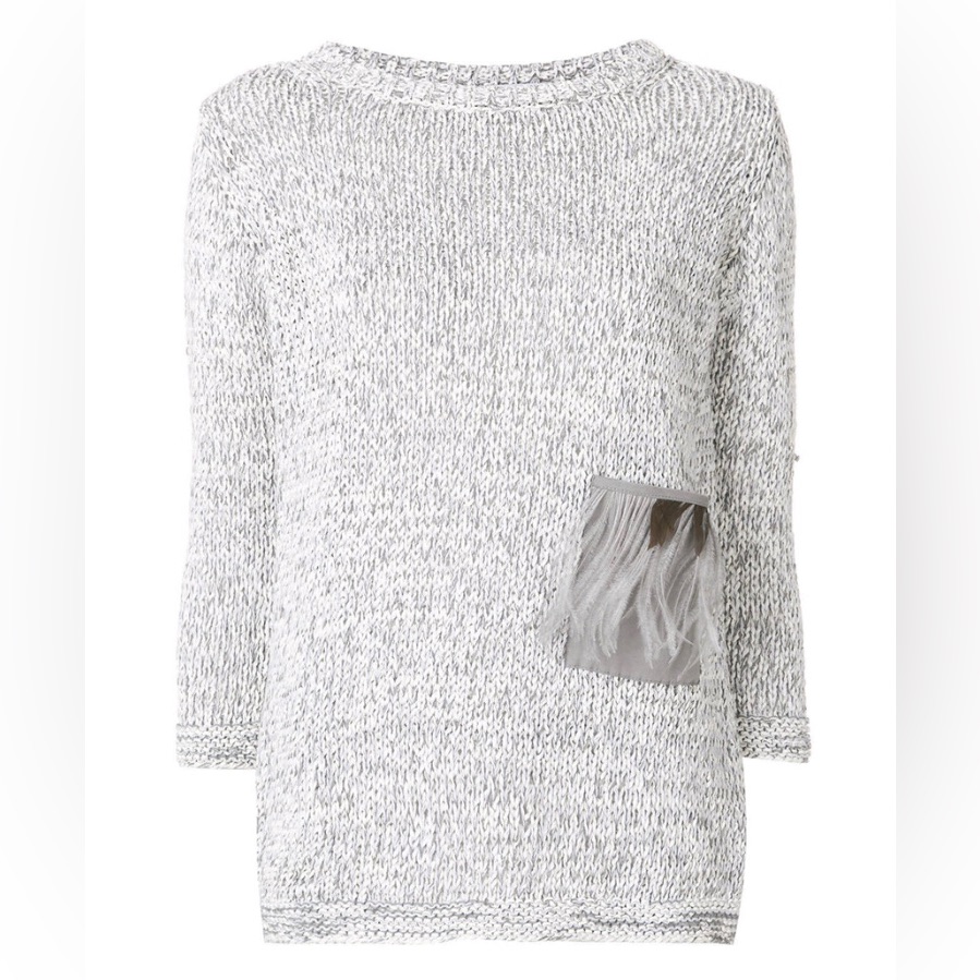 Fabiana Filippi Italy Open Knit Cotton Blend 3/4 Sleeve Sweater L Feather Pocket